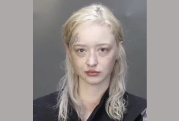 Close-up image of a woman with long, light blond hair, slight makeup, and a serious look in a mugshot setting.