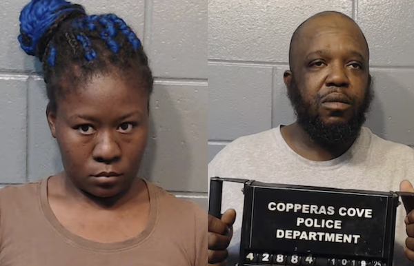 A woman with blue hair and a serious expression and a man with a beard and a blank expression are pictured in mugshots, each clutching police placards marked "Copperas Cove Police Department."