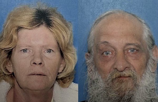 Identification-style images of an adult female with light hair and a blank stare next to a bearded older male with striking blue eyes, both set against plain blue backgrounds.