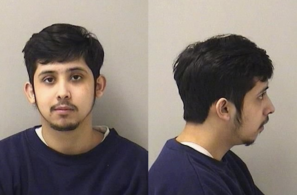 Side-by-side images of a young adult male with dark hair and facial hair, depicted in standard mugshot format, with both frontal and right-side profile views.