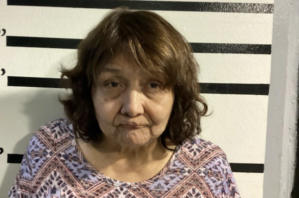 Woman with medium-length brown hair in a patterned top posing for a mugshot against a height marker wall.