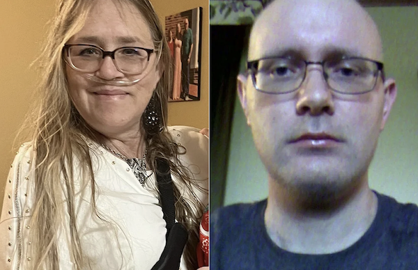 Two portrait photos placed side by side: a smiling woman with glasses and a medical oxygen tube, and a man with glasses and a neutral expression.