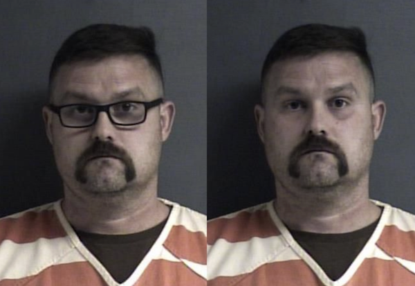 Split image of a man facing the camera in two nearly identical booking portraits, one with black-framed glasses and one without.