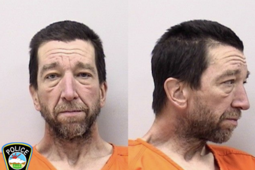 Dual-view booking photograph of a middle-aged man in orange clothing, with a police emblem in the corner.